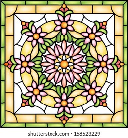 Georgian style, floral symmetric composition, vector illustrations in stained glass window