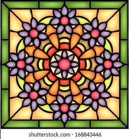 Georgian style, round floral symmetric composition, vector illustrations in stained glass window