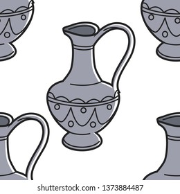 Georgian symbol jug or vessel with ornament seamless pattern vector clay pitcher with long neck and handle ancient dishware endless texture travel to Georgia cultural element wallpaper print