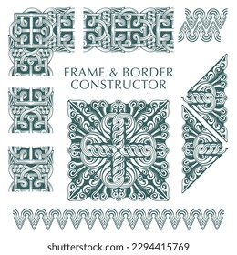 Georgian traditional decorative ornament construction kit. Church facades Architectural flourishes. Sketch style drawing isolated on white background. EPS 10 vector illustration.