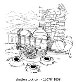 Georgian traditional vineyard with kvevri. Countriside panorama on a background. Black and white sketch isolated on white background. EPS10 vector illustration