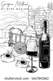 Georgian wine culture. Wine bottle and glass, with Georgian countryside panorama on a background. Black and white sketch isolated on white background. EPS10 vector illustration