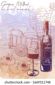Georgian wine culture. Wine bottle and glass, with Georgian countryside panorama on a background. Linear sketch on a watercolor textured background. EPS10 vector illustration