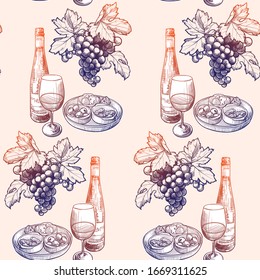 Georgian wine culture seamless pattern. Wine bottle and glass, grapevine leaves and berries clasters. EPS10 vector illustration