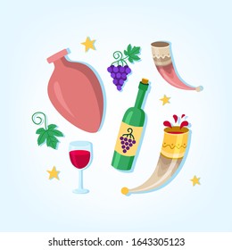 Georgian winemaking set. Vector flat style images related to the culture of wine drinking. Icons for liquor store and bar. Illustrations for tourism in the wineries of the Alazani Valley.