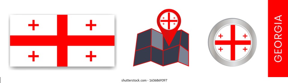 Georgia's national flag collection is isolated in official colors and the map pin icon of Georgia with the state flag.