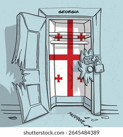 O caminho da liberdade na Geórgia. Ilustração política de uma porta quebrada, mas trancada, com a bandeira nacional. Uma metáfora para luta e esperança.