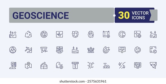 Geoscience line icons set. Icons construction, helmet, technology, smartphone, mining cart, volcano, drone, ground. Pixel perfect. Vector illustration in modern line style.