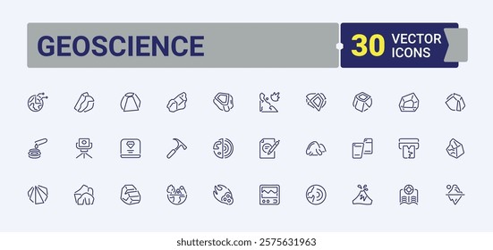 Geoscience line icons set. Icons construction, helmet, technology, smartphone, mining cart, volcano, drone, ground. Pixel perfect. Vector illustration in modern line style.