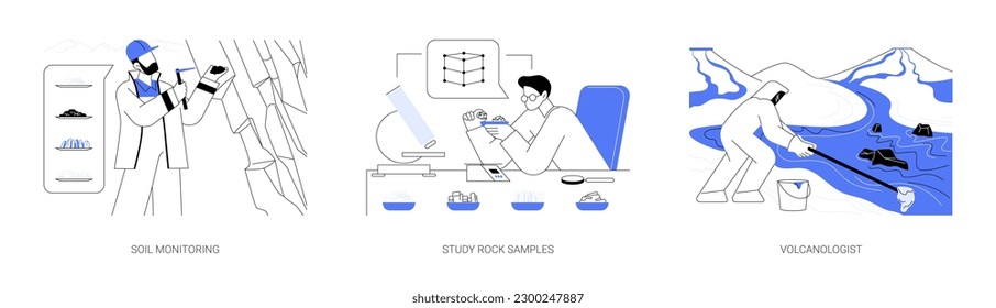 Geoscientists abstract concept vector illustration set. Soil monitoring and analysis, study rock samples, volcanologist sampling lava, minerals exploring, environmental science abstract metaphor.