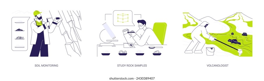 Geoscientists abstract concept vector illustration set. Soil monitoring and analysis, study rock samples, volcanologist sampling lava, minerals exploring, environmental science abstract metaphor.