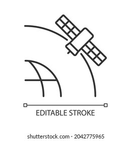 Geostationary Satellite linear icon. Rotation of celestial bodies in geostationary orbit. Thin line customizable illustration. Contour symbol. Vector isolated outline drawing. Editable stroke