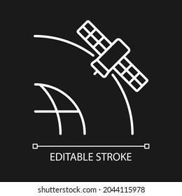 Geostationary Satellite white linear icon for dark theme. Rotation of celestial bodies. Thin line customizable illustration. Isolated vector contour symbol for night mode. Editable stroke