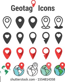 Geotag Concept Set Of Pin Icons For Cartography, Navigate, Geotagging, Mapping, Landmark, Geography. Vector Icon. Vector Map Pin Location Icon.