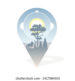 Geotag with coniferous trees, fox and mountain in the distance. Vector illustration on white background