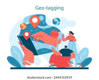 Geo-tagging in Virtual Tourism. Explorers use a tablet to pin locations on a virtual globe, planning journeys with digital mapping. Vector illustration.