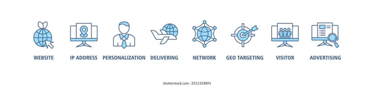 Geo-targeting banner web icon set vector illustration concept with icon of website, ip address, personalization, delivering, network, geo targeting, visitor, advertising icons simple symbol background