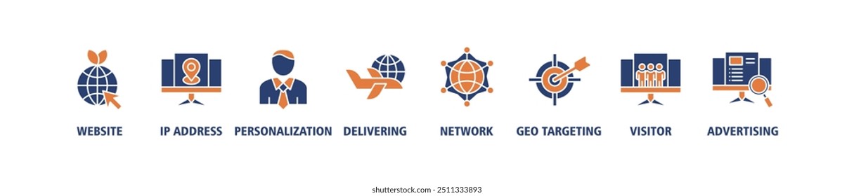 Geo-targeting banner web icon set vector illustration concept with icon of website, ip address, personalization, delivering, network, geo targeting, visitor, advertising icons simple symbol background
