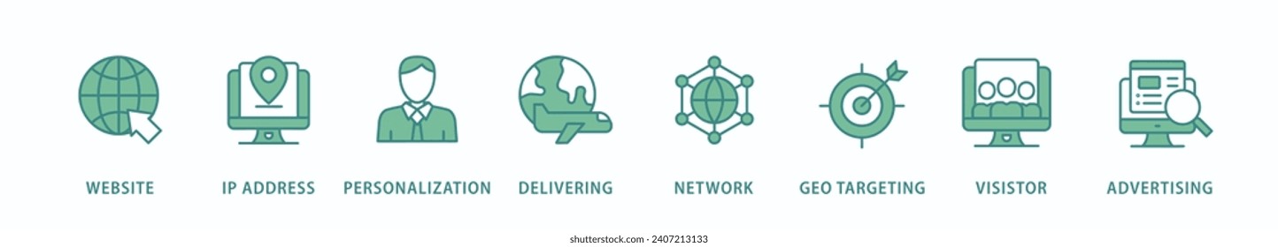 Pancarta de geo-foco Icono web Icono de ilustración vectorial con icono de sitio web, dirección ip, personalización, entrega, red, geodirección, visitante, publicidad