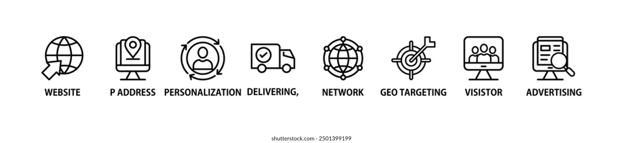 Geo-targeting banner web icon vector illustration concept with icon of website, ip address, personalization, delivering, network, geo targeting, visistor, advertising