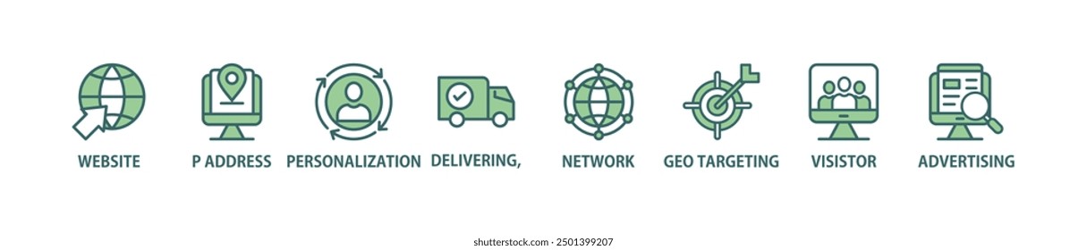 Concepto de Ilustración vectorial de icono de Web de Anuncio de orientación geográfica con ícono de Sitio web, Dirección IP, personalización, entrega, red, orientación geográfica, visitante, publicidad