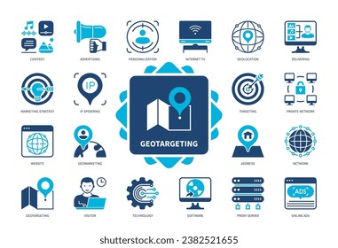 Geotargeting icon set. Website, IP Spidering, Delivering, Personalisation, Private Network, Geomarketing, Visitor, Proxy Server. Duotone color solid icons