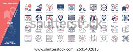 Geotargeting icon set. Website, IP Spidering, Online Analytics, Pay per Click, Private Network, Geomarketing, Advertising, Server. Duotone color solid and editable outline icons
