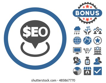 Geotargeting Seo icon with bonus elements. Vector illustration style is flat iconic bicolor symbols, cobalt and gray colors, white background.