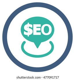 Geotargeting Seo vector bicolor rounded icon. Image style is a flat icon symbol inside a circle, cobalt and cyan colors, white background.
