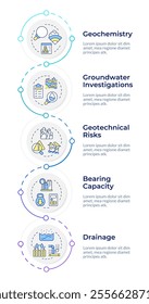 Geotech survey infographic vertical sequence. Geodetic investigation technology. Civil engineering. Visualization infochart with 5 steps. Circles workflow