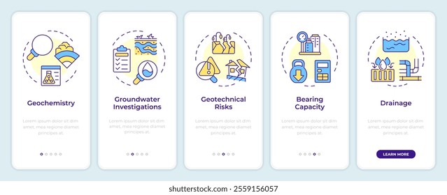 Geotech survey onboarding mobile app screen. Geology walkthrough 5 steps editable graphic instructions with linear concepts. UI, UX, GUI template