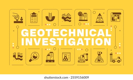 Geotechnical engineering brown word concept. Methods of soil exploration. Construction industry. Horizontal vector image. Headline text surrounded by editable outline icons