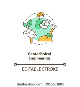 Geotechnical engineering concept icon. Construction site investigation. Engineer work. Civil engineering idea thin line illustration. Vector isolated outline RGB color drawing. Editable stroke