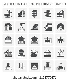 Geotechnical Engineering, Geotechnics And Geology Vector Icon With Machine Equipment I.e. Earth Auger Drill Core Bit, Rig. Include Survey, Soil Sample, Laboratory Test Analysis For Road, Foundation.