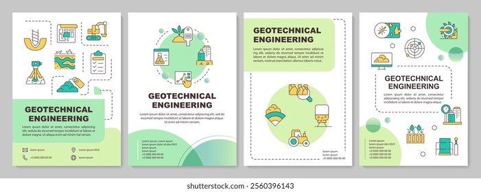 Geotechnical engineering green circle brochure template. Grounds survey technology. Leaflet design with linear icons. Editable 4 vector layouts