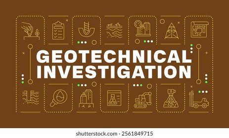 Geotechnical engineering yellow word concept. Methods of soil exploration. Construction industry. Visual communication. Vector art with lettering text, editable glyph icons