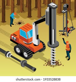 Composición isométrica de la maquinaria de perforación de exploración geotécnica con ingenieros que realizan muestreos de suelos forestales de aguas subterráneas de prueba de vectores