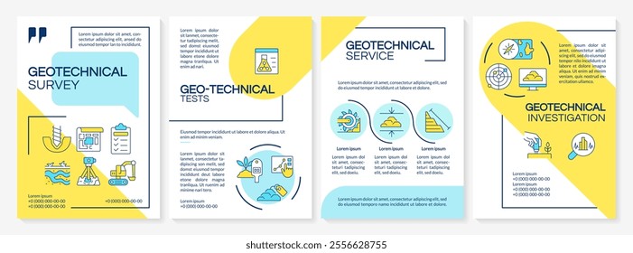 Geotechnical investigations blue and yellow brochure template. Exploring ground for construction leaflet design with linear icons. Editable 4 vector layouts