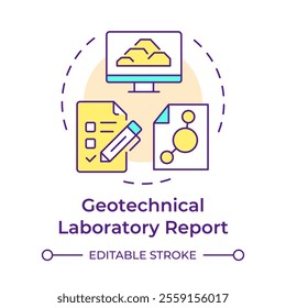 Geotechnical laboratory report multi color concept icon. Data analysis on soil and rock. Geotech survey. Round shape line illustration. Abstract idea. Graphic design. Easy to use in presentation