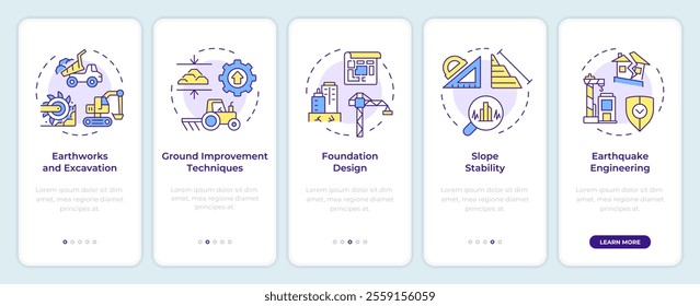 Geotechnical reports onboarding mobile app screen. Industry walkthrough 5 steps editable graphic instructions with linear concepts. UI, UX, GUI template