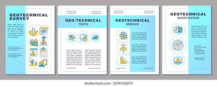 Geotechnical survey blue brochure template. Civil engineering industry investigation. Leaflet design with linear icons. Editable 4 vector layouts