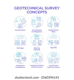 Geotechnical survey blue gradient concept icons. Civil engineering ground investigation. Geodetic technology. Icon pack. Vector images. Round shape illustrations for articles. Abstract idea