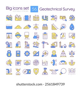 Geotechnical survey RGB color icons set. Exploring grounds for construction industry. Geodetic investigation. Isolated vector illustrations. Simple filled line drawings collection. Editable stroke