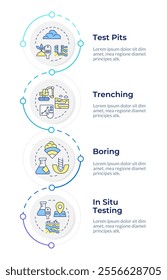 Geotechnical tests infographic vertical sequence. Soils and rocks exploration at geodetic survey. Visualization infochart with 4 steps. Circles workflow