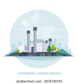 Geothermal clean power plant station building factory. Renewable sustainable earth heat steam turbine energy generation with drill and city skyline. Isolated vector illustration on white background.