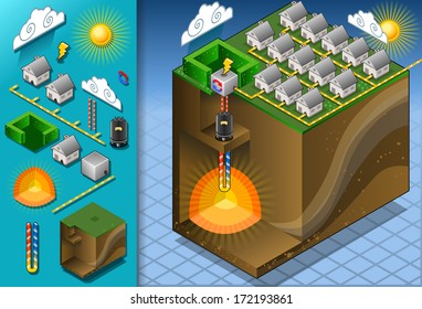 Geothermal Earth Energy Heat Pump Diagram. 3D Isometric Infographic Of Geothermal Energies Chain Harvesting And Distribution Diagram. Energy Loop Thermal Energies Power Illustration.