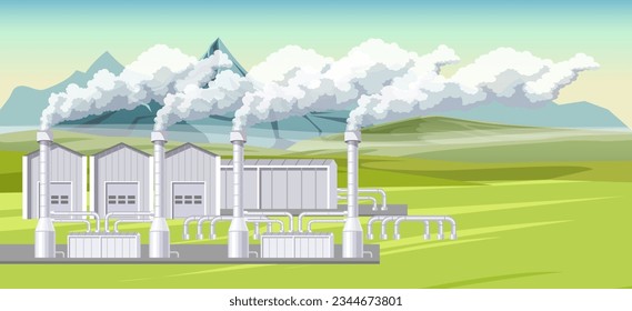 Geothermische ökologische Elektrizität, Energieerzeuger, Kraftwerk, erneuerbare, thermische Wasserressourcen, Umwelt, Alternative. Feld, Berg. Vektorgrafik.