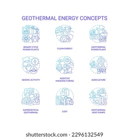 Geothermal energy blue gradient concept icons set. Power station. Generate electricity idea thin line color illustrations. Isolated symbols. Roboto-Medium, Myriad Pro-Bold fonts used