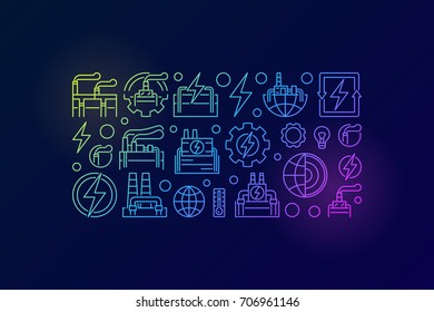 Geothermal energy concept banner. Vector colorful creative renewable energy illustration made with geothermal power linear icons on dark blue background