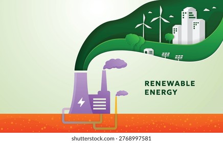Geothermal energy concept. Eco friendly geothermal energy generation power plant. Green city and renewable energy Vector illustration
